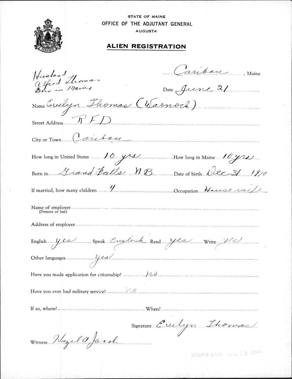 Miniature of Alien Registration- Warnock, Evelyn (Caribou, Aroostook County)