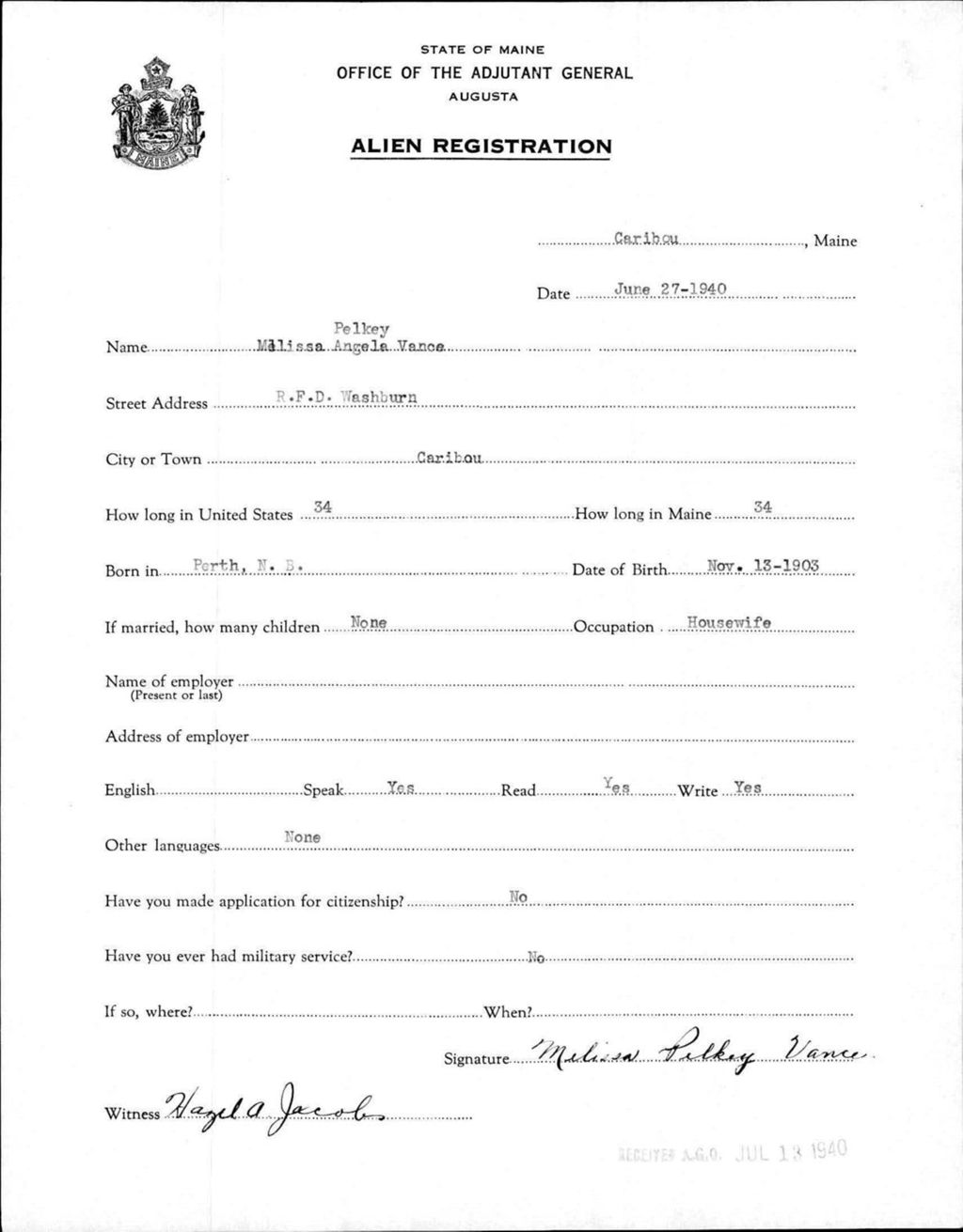 Miniature of Alien Registration- Pelkey, Melissa A. (Caribou, Aroostook County)