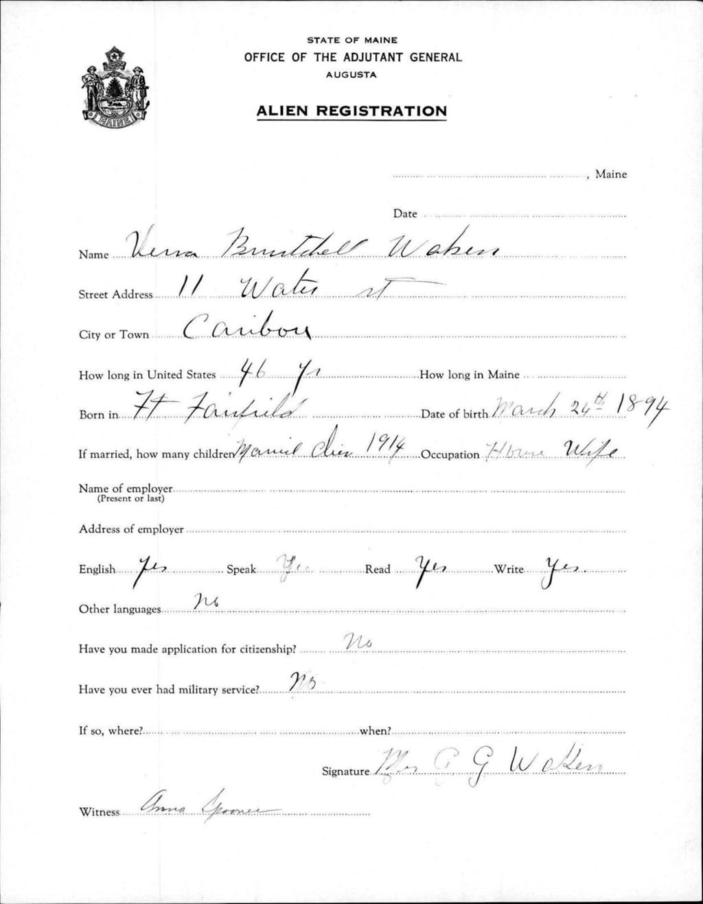 Miniature of Alien Registration- Buntchell, Verra (Caribou, Aroostook County)