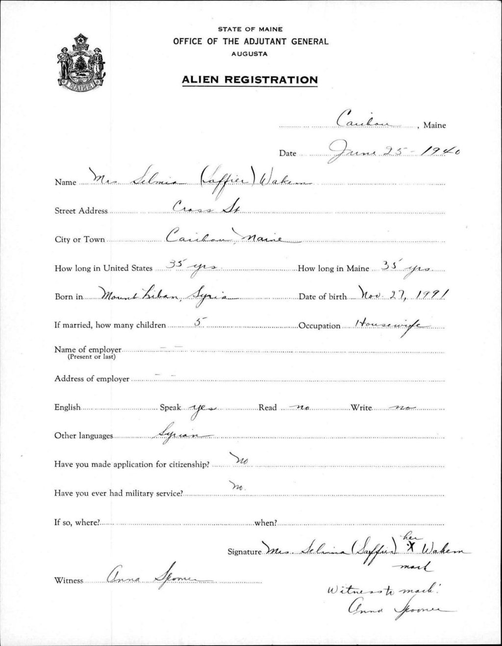 Miniature of Alien Registration- Saffier, Selmia (Caribou, Aroostook County)