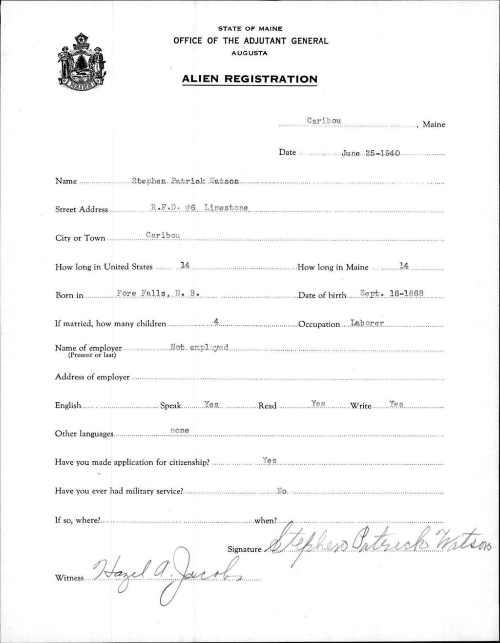 Miniature of Alien Registration- Watson, Stephen P. (Caribou, Aroostook County)