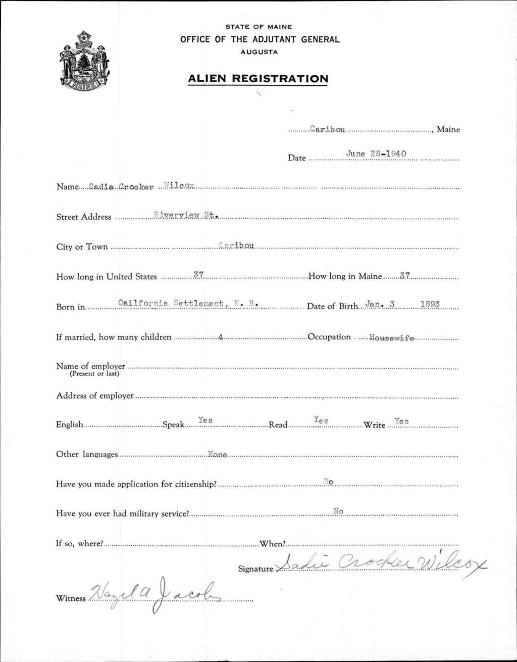 Miniature of Alien Registration- Crocker, Sadie (Caribou, Aroostook County)