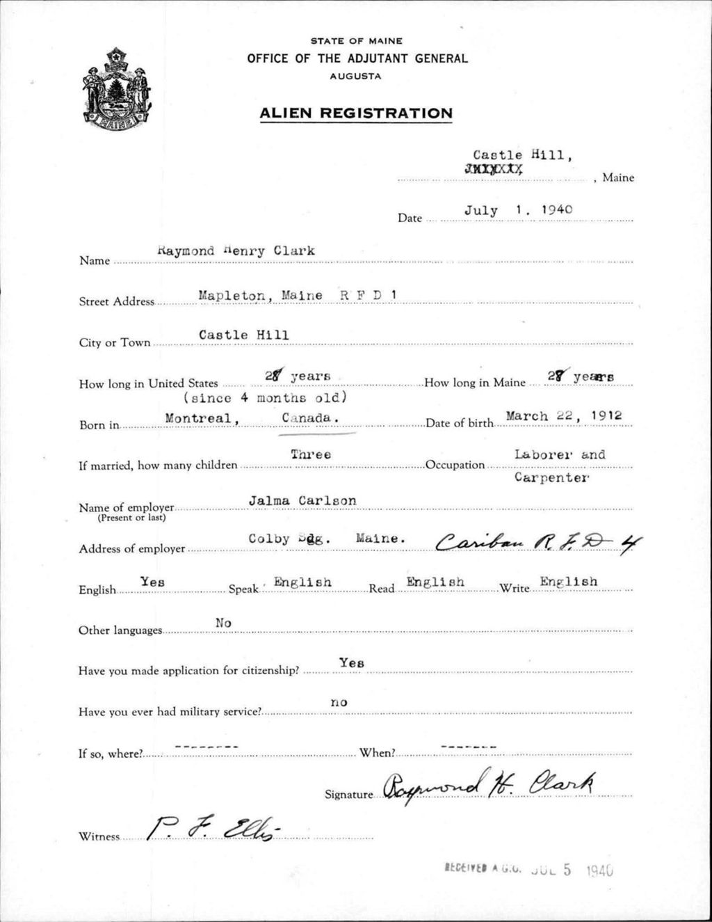 Miniature of Alien Registration- Clark, Raymond H. (Castle Hill, Aroostook County)