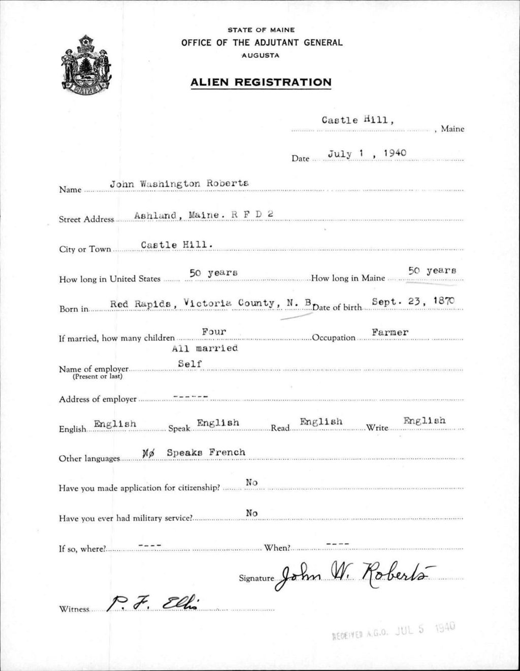 Miniature of Alien Registration- Roberts, John W. (Castle Hill, Aroostook County)