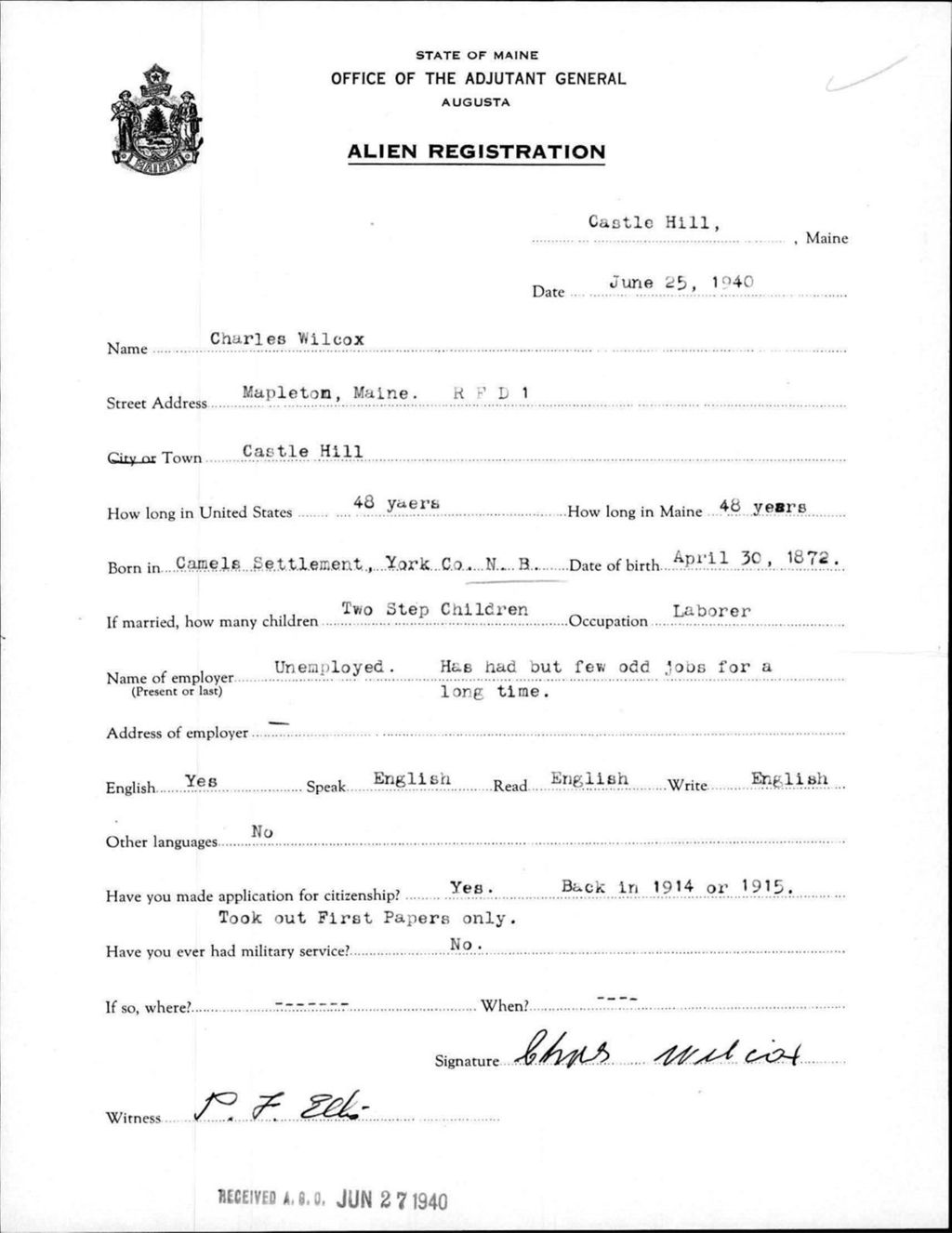 Miniature of Alien Registration- Wilcox, Charles (Castle Hill, Aroostook County)