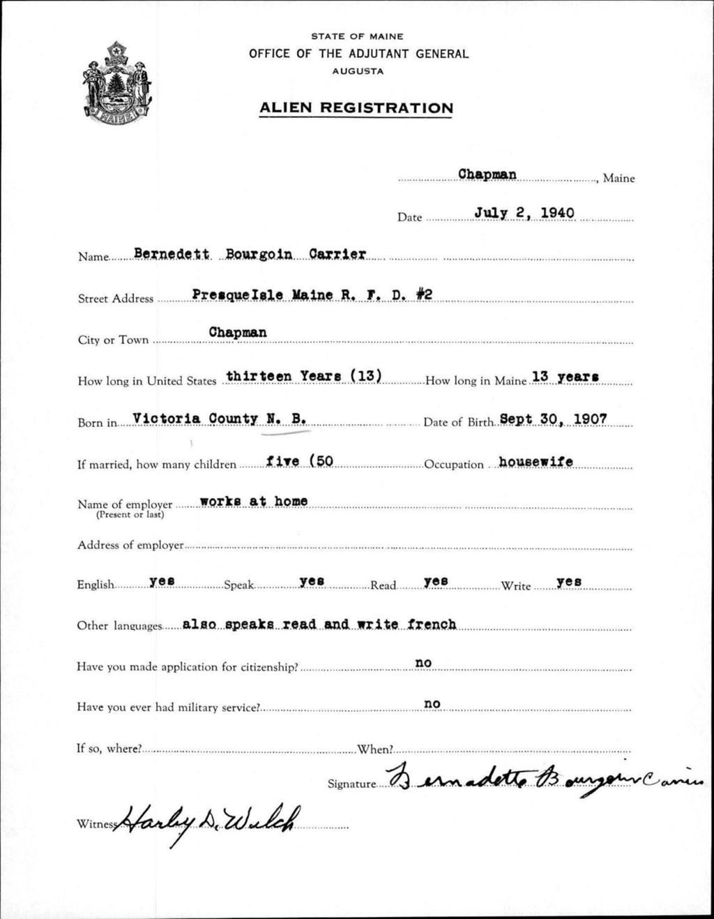 Miniature of Alien Registration- Bourgoin, Bernedett (Chapman, Aroostook County)
