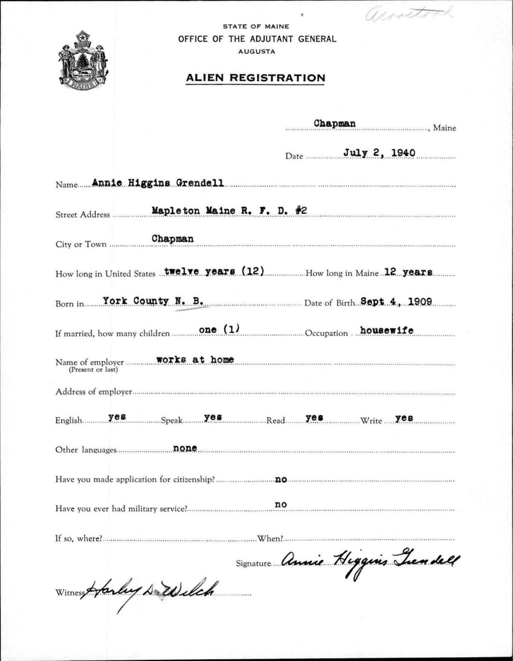 Miniature of Alien Registration- Higgins, Annie (Chapman, Aroostook County)