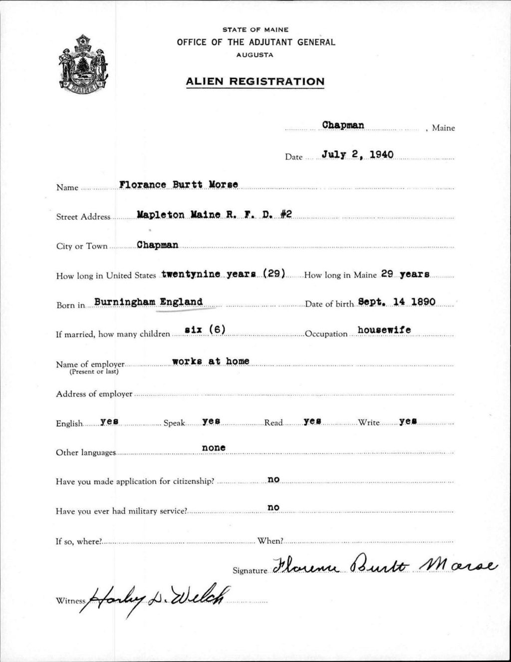 Miniature of Alien Registration- Burtt, Florance (Chapman, Aroostook County)