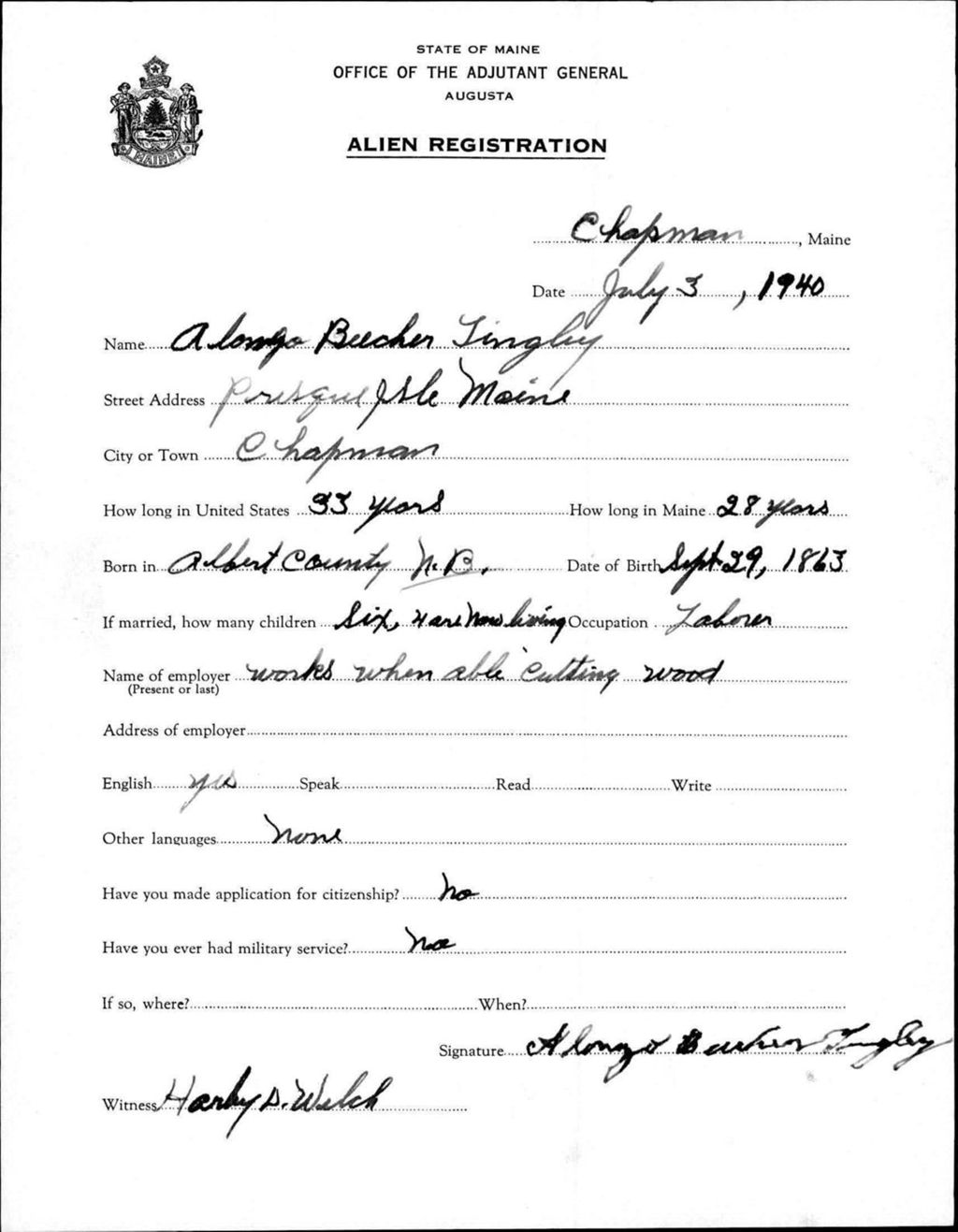 Miniature of Alien Registration- Tingley, Alonzo B. (Chapman, Aroostook County)