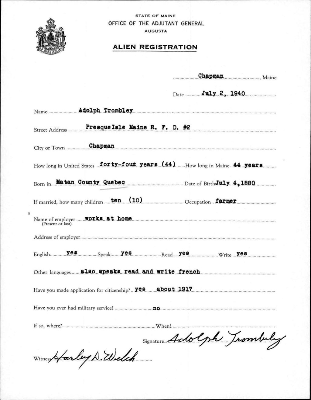 Miniature of Alien Registration- Trombley, Adolph (Chapman, Aroostook County)