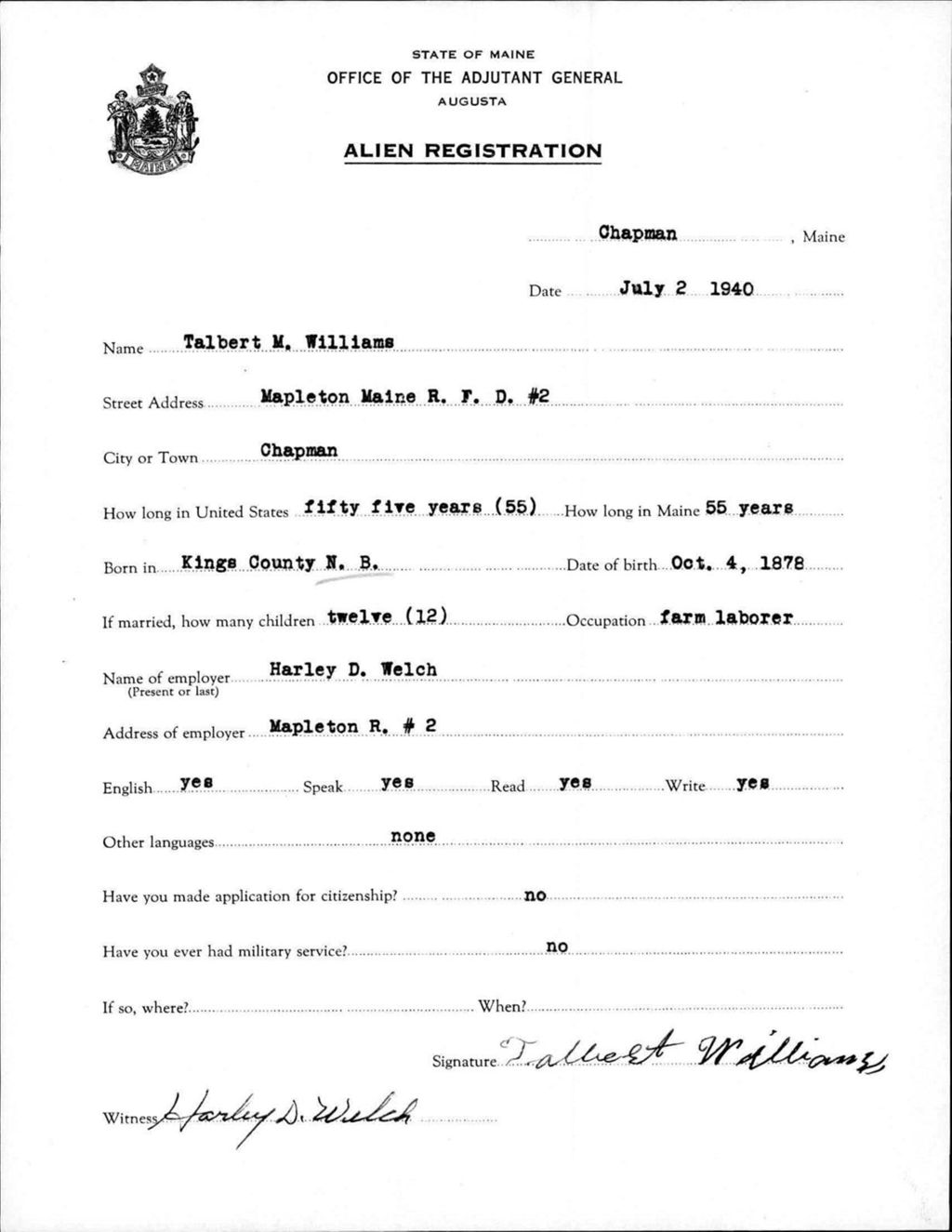 Miniature of Alien Registration- Williams, Talbert M. (Chapman, Aroostook County)