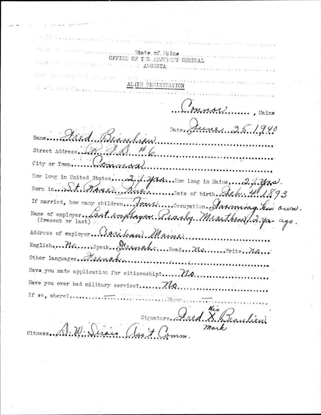 Miniature of Alien Registration- Beaulieu, Fred (Connor Twp, Aroostook County)