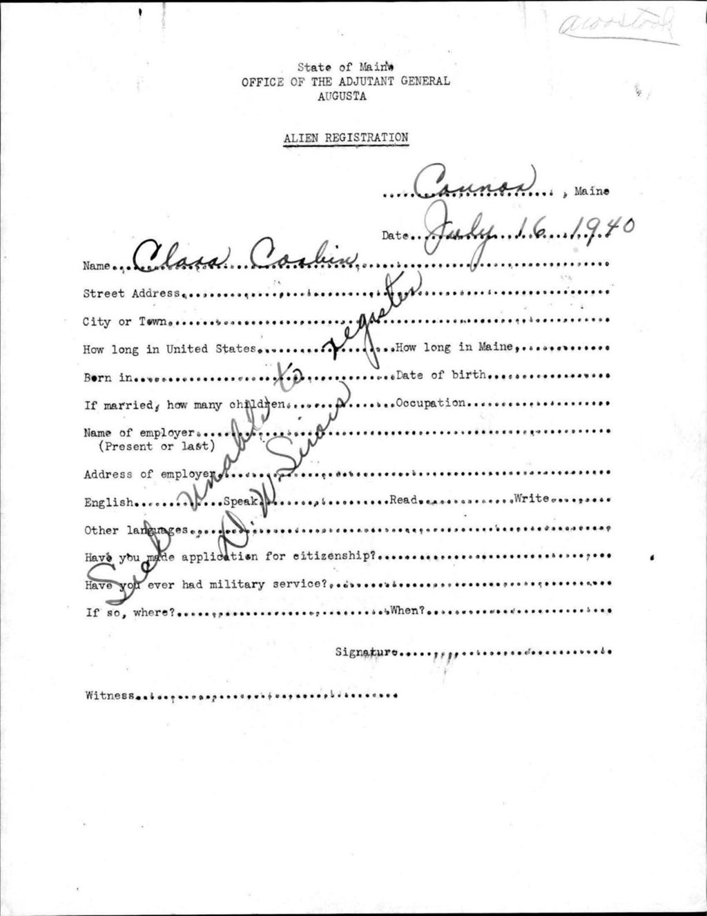 Miniature of Alien Registration- Corbin, Clara (Connor Twp, Aroostook County)