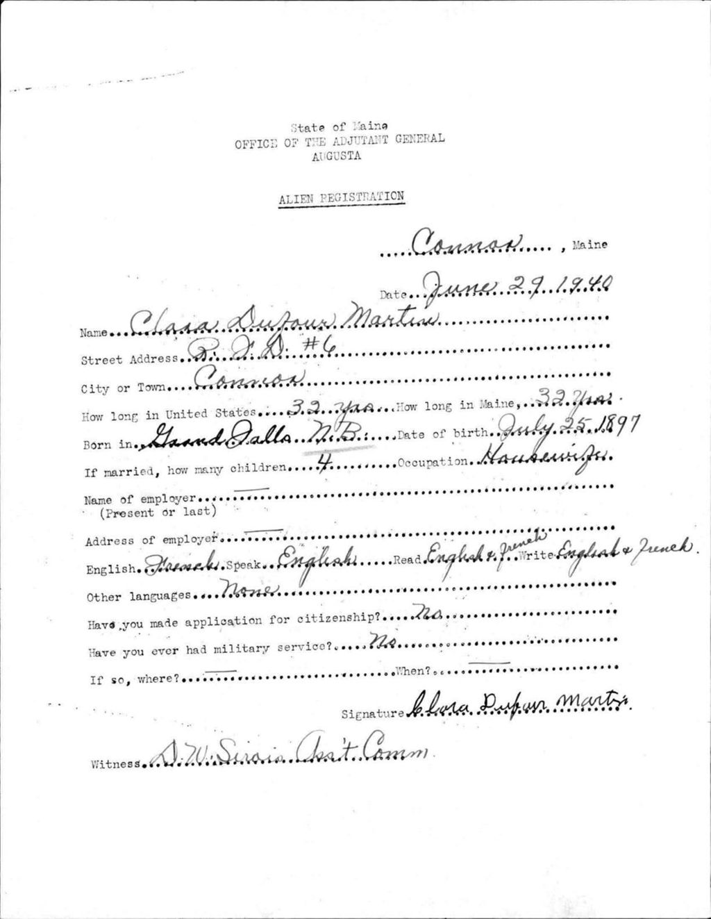 Miniature of Alien Registration- Dufour, Clara (Connor Twp, Aroostook County)