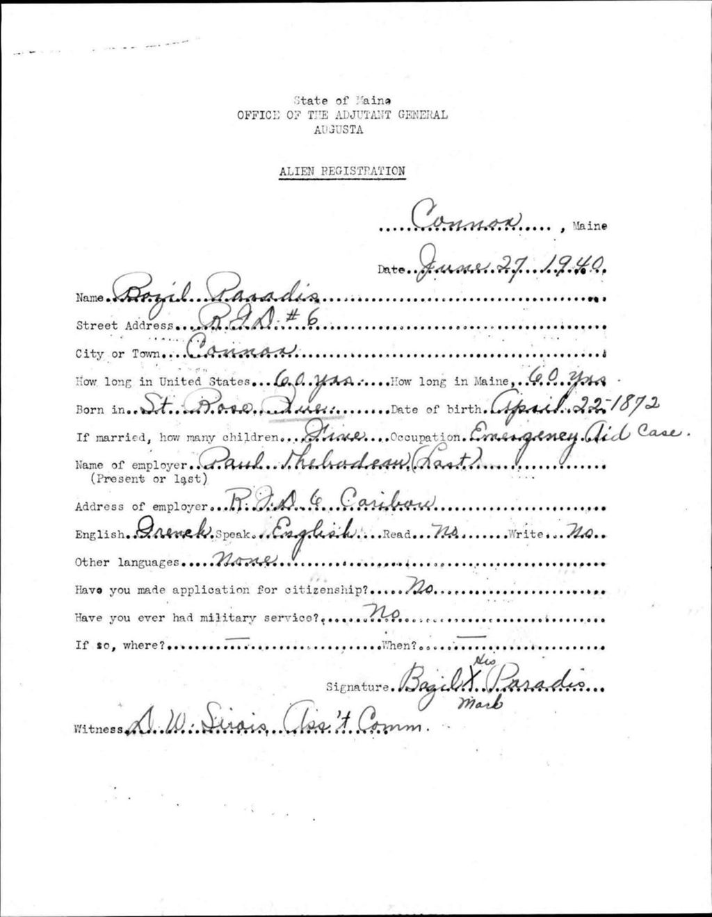 Miniature of Alien Registration- Paradis, Bazil (Connor Twp, Aroostook County)