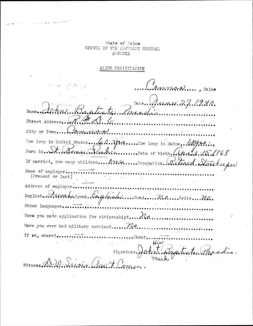 Miniature of Alien Registration- Paradis, John P. (Connor Twp, Aroostook County)