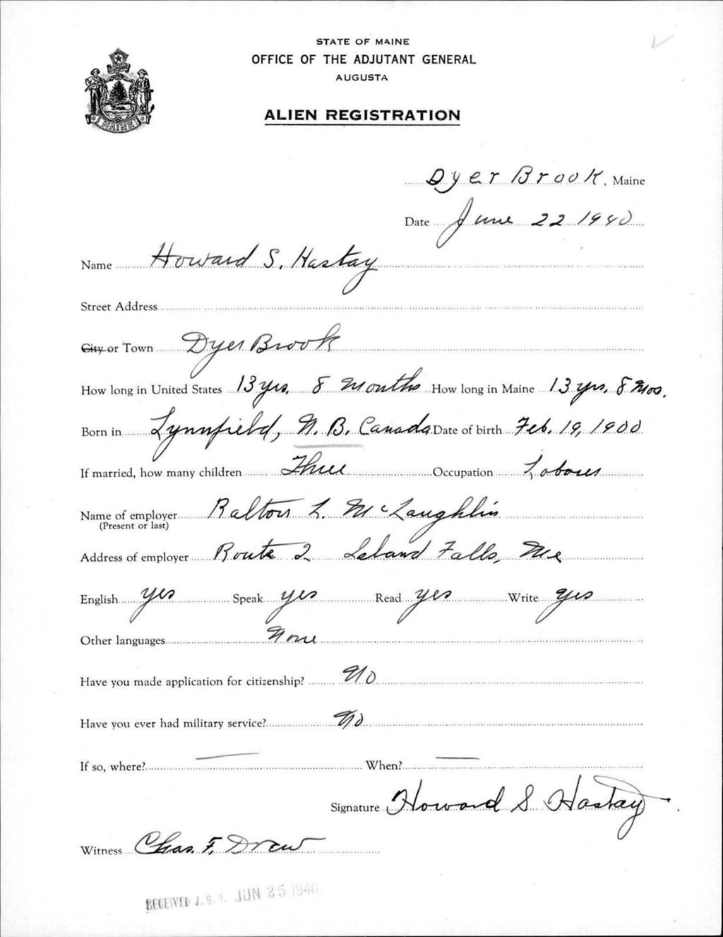 Miniature of Alien Registration- Hastay, Howard S. (Dyer Brook, Aroostook County)