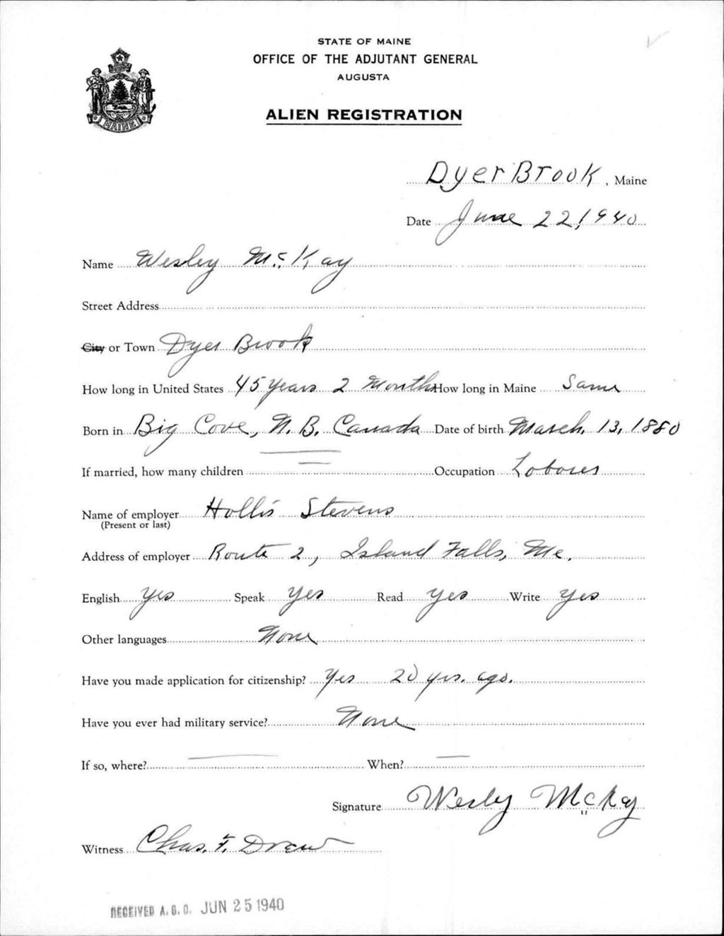 Miniature of Alien Registration- Mckay, Wesley (Dyer Brook, Aroostook County)