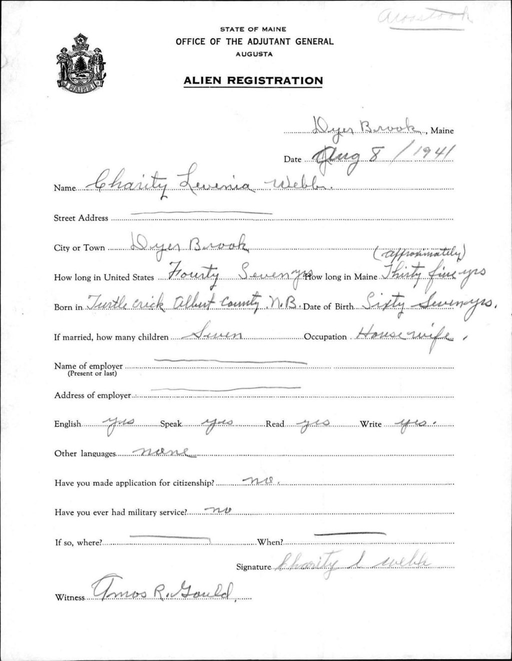 Miniature of Alien Registration- Weble, Charity L. (Dyer Brook, Aroostook County)