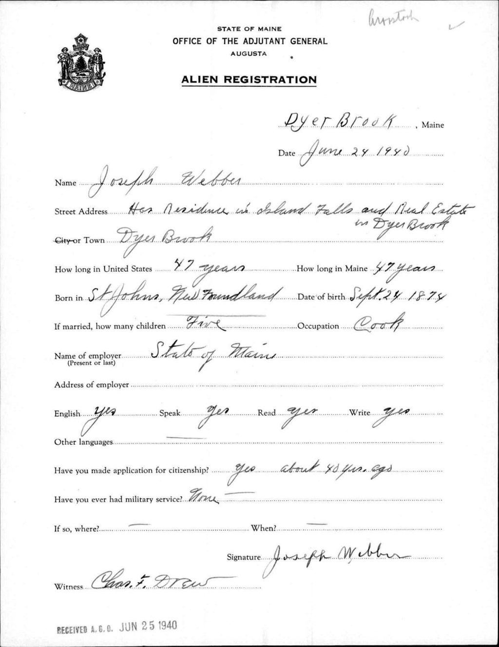 Miniature of Alien Registration- Webber, Joseph (Dyer Brook, Aroostook County)