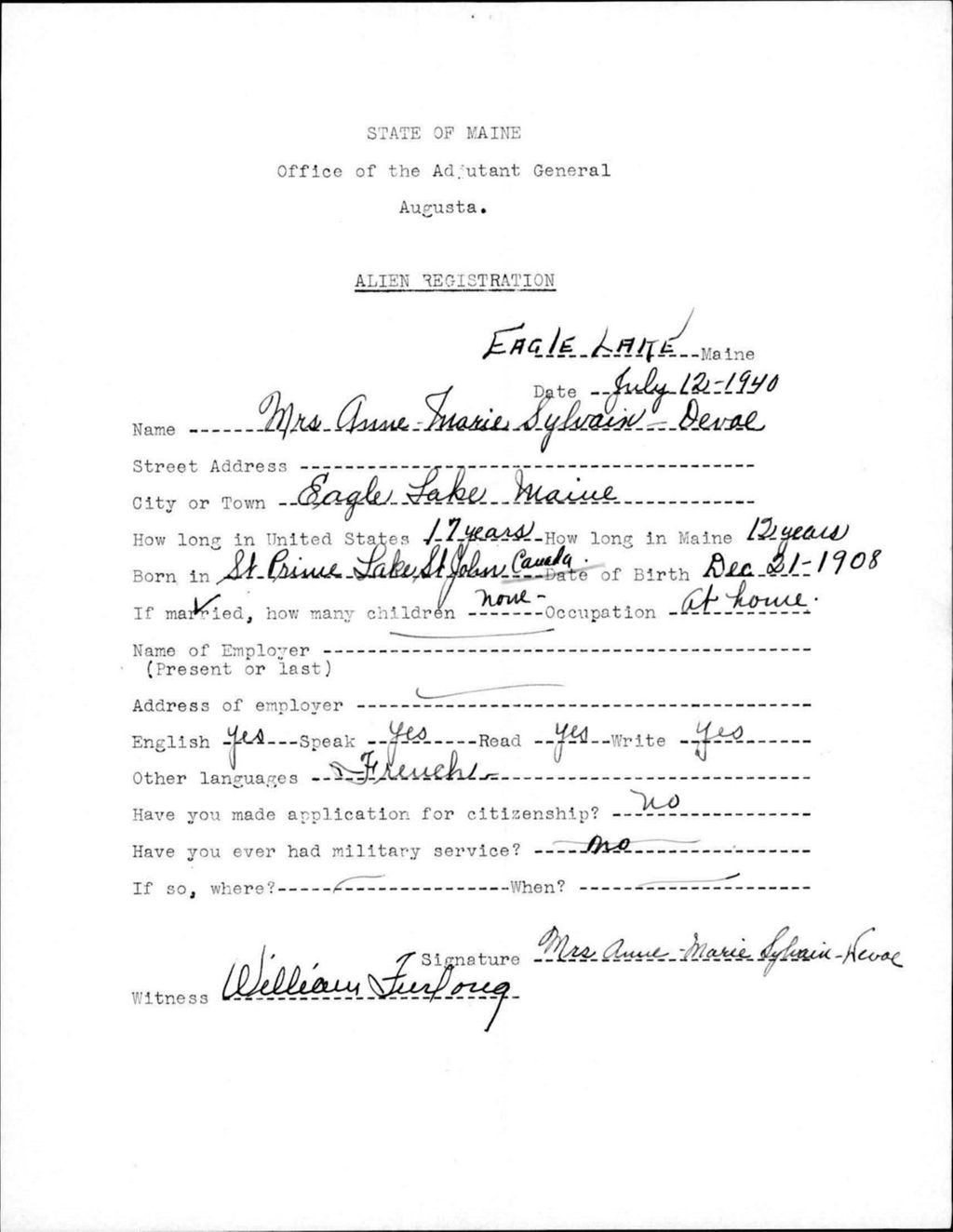 Miniature of Alien Registration- Sylvain-Devoe, Anne-Marie (Eagle Lake, Aroostook County)