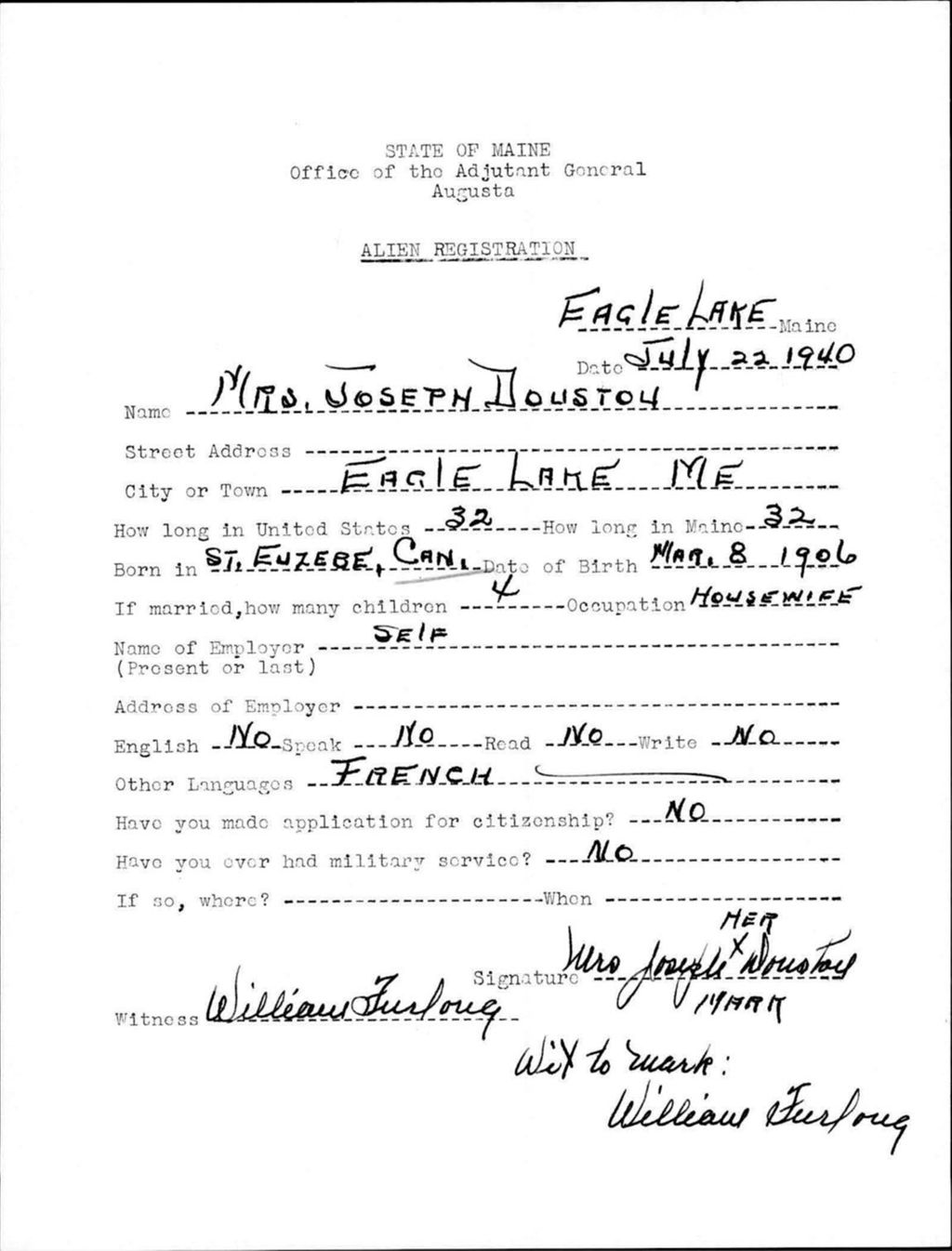 Miniature of Alien Registration- Doustou, Joseph (Eagle Lake, Aroostook County)