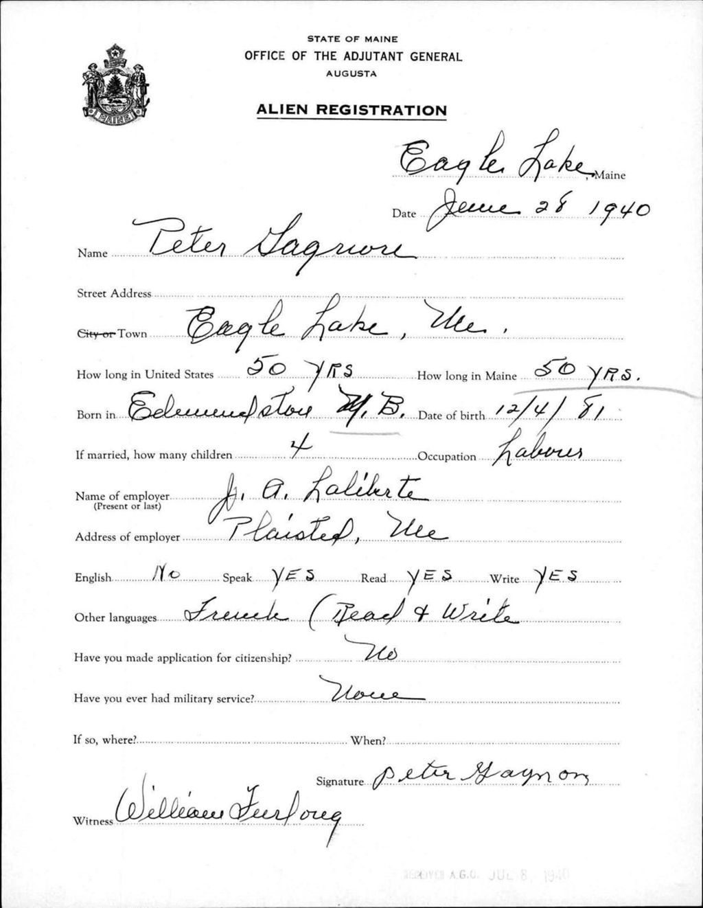 Miniature of Alien Registration- Gagnon, Peter (Eagle Lake, Aroostook County)