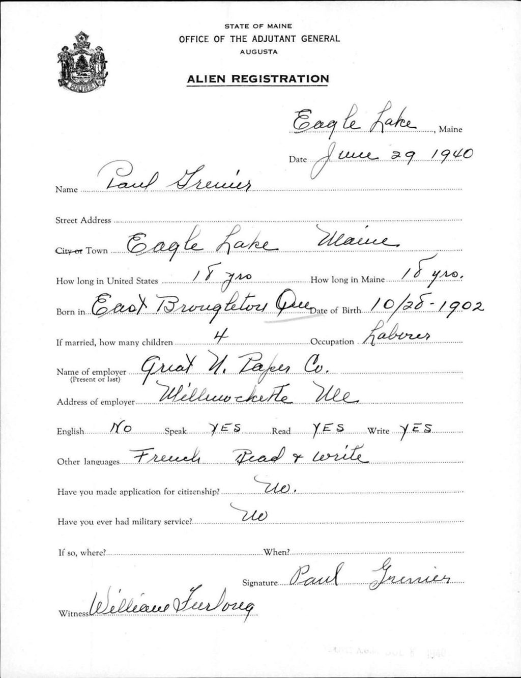Miniature of Alien Registration- Grenier, Paul (Eagle Lake, Aroostook County)