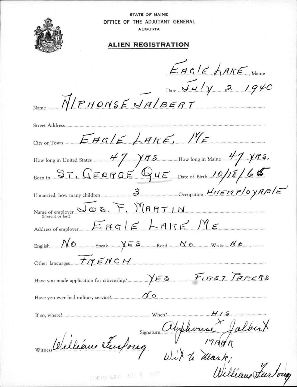 Miniature of Alien Registration- Jalbert, Alphonse (Eagle Lake, Aroostook County)