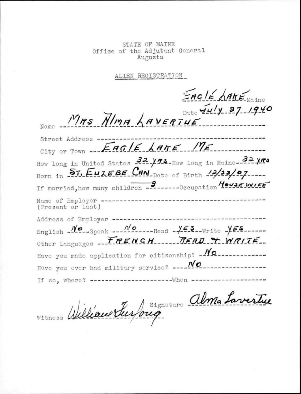 Miniature of Alien Registration- Lavertue, Alma (Eagle Lake, Aroostook County)