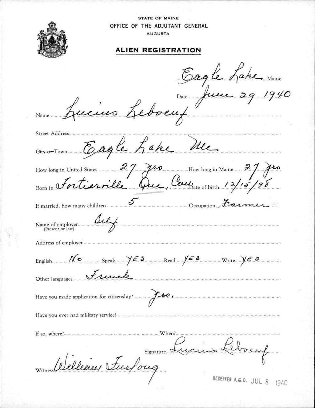 Miniature of Alien Registration- Leboeuf, Lucius (Eagle Lake, Aroostook County)
