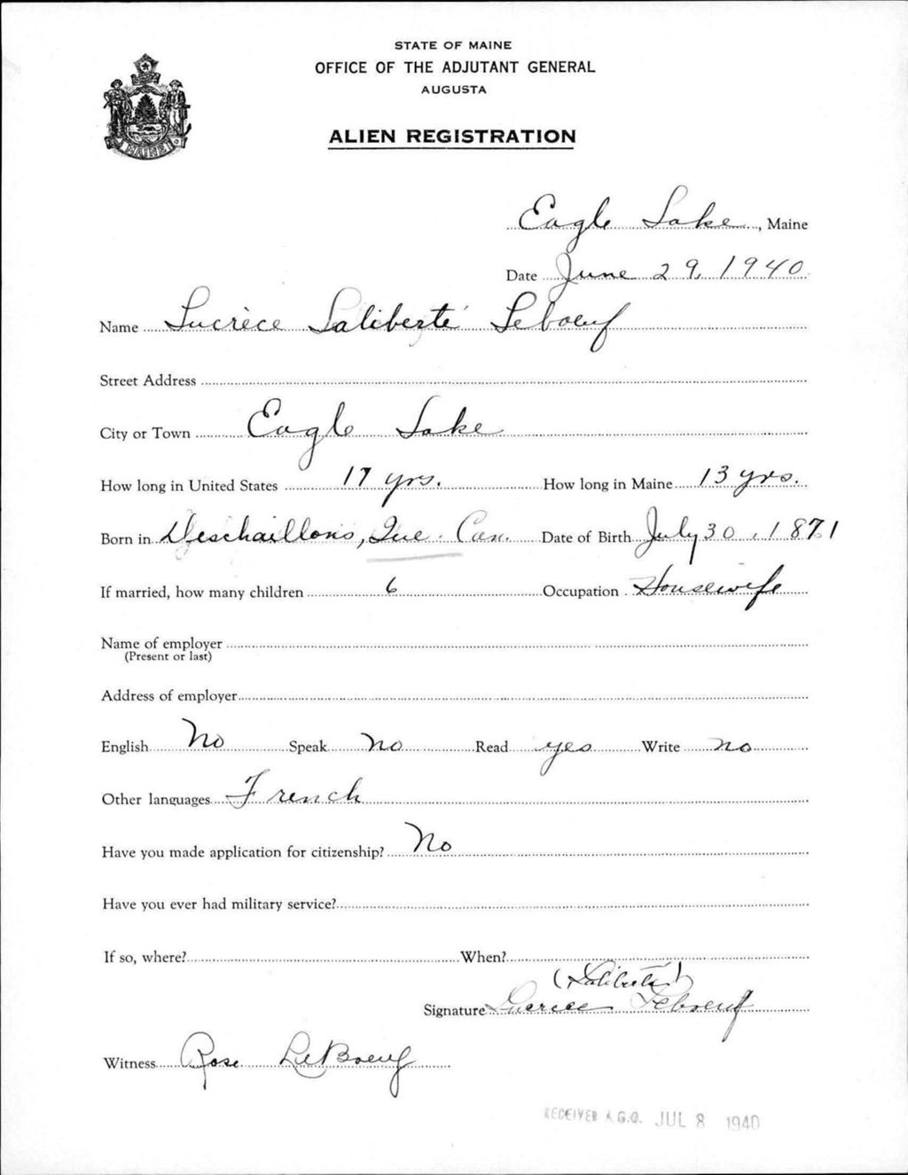 Miniature of Alien Registration- Laliberte, Lucrice (Eagle Lake, Aroostook County)