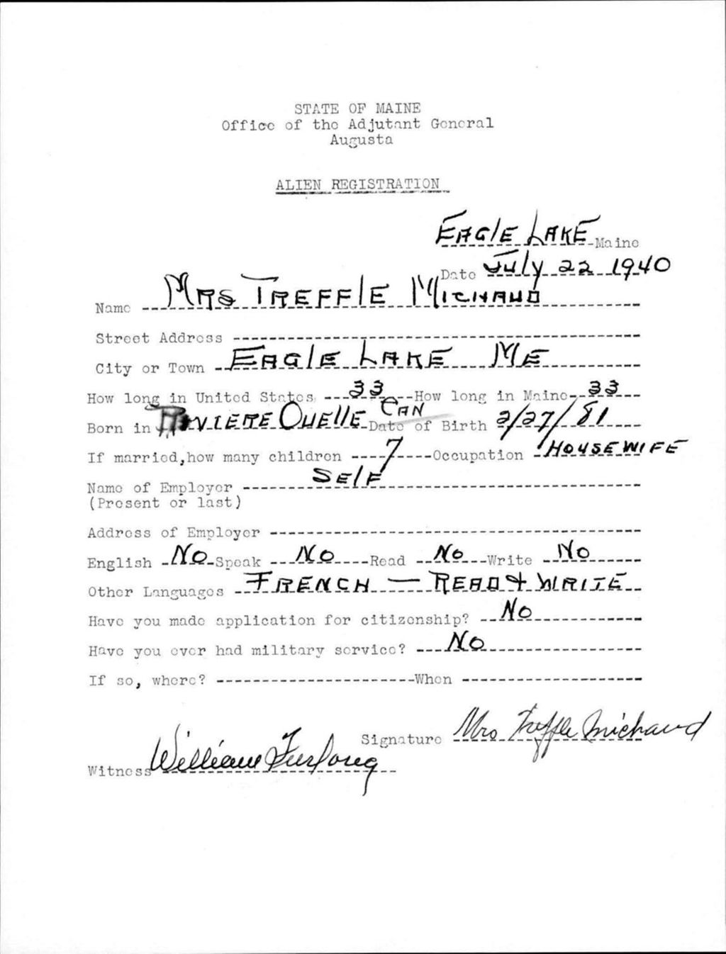 Miniature of Alien Registration- Michaud, Treffle (Eagle Lake, Aroostook County)