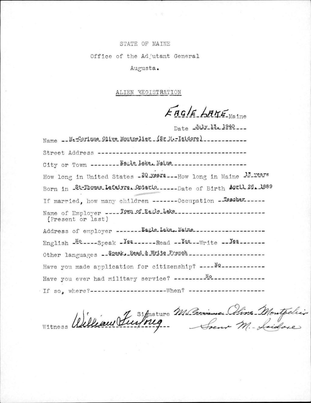Miniature of Alien Registration- Montpelier, M.-Corinne Olive (Eagle Lake, Aroostook County)