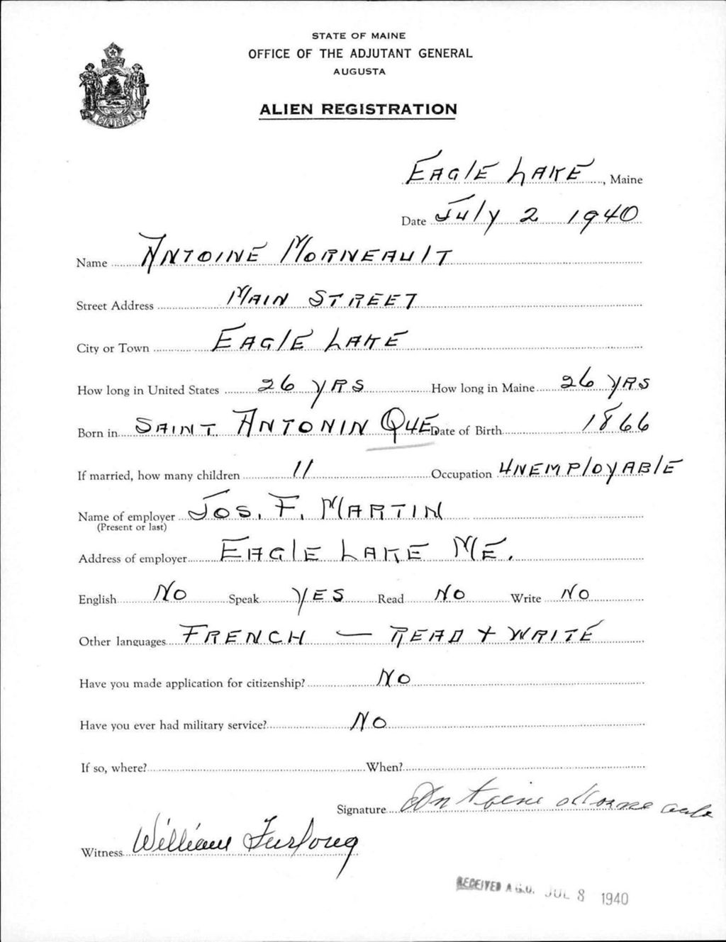Miniature of Alien Registration- Morneault, Antoine (Eagle Lake, Aroostook County)