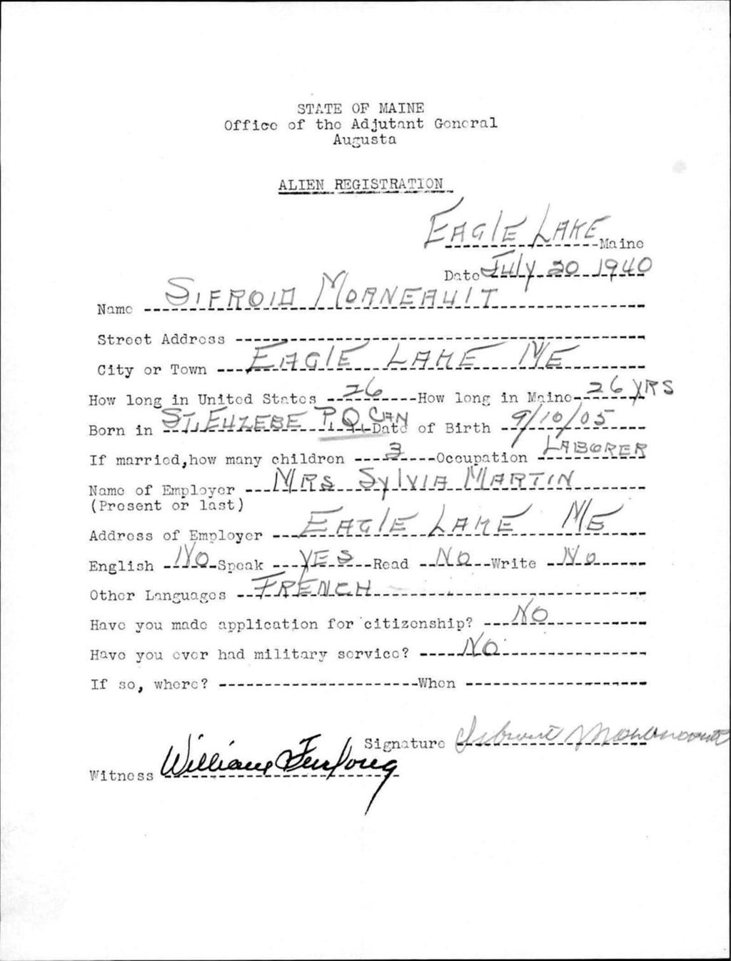 Miniature of Alien Registration- Morneault, Sifroid (Eagle Lake, Aroostook County)
