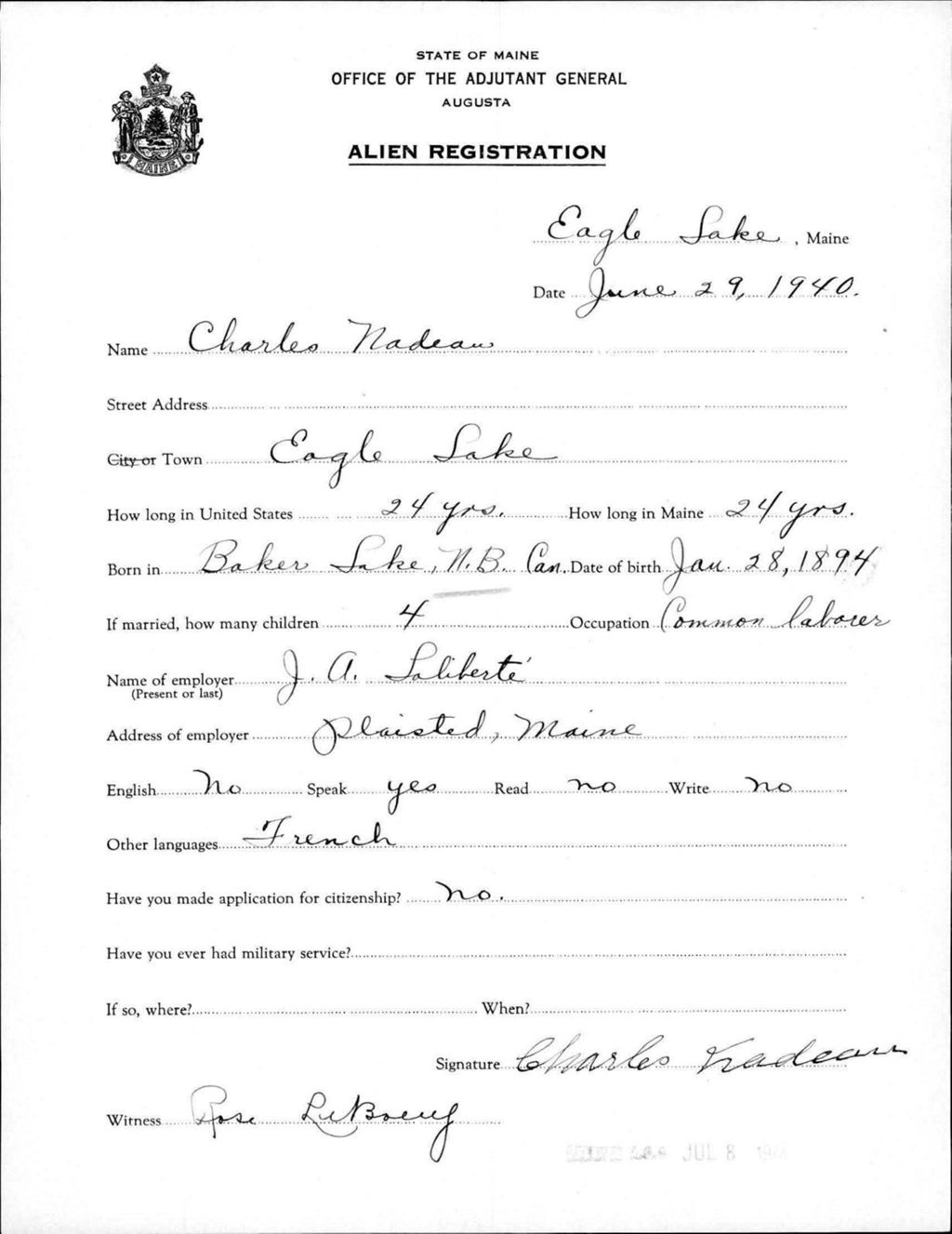 Miniature of Alien Registration- Nadeau, Charles (Eagle Lake, Aroostook County)