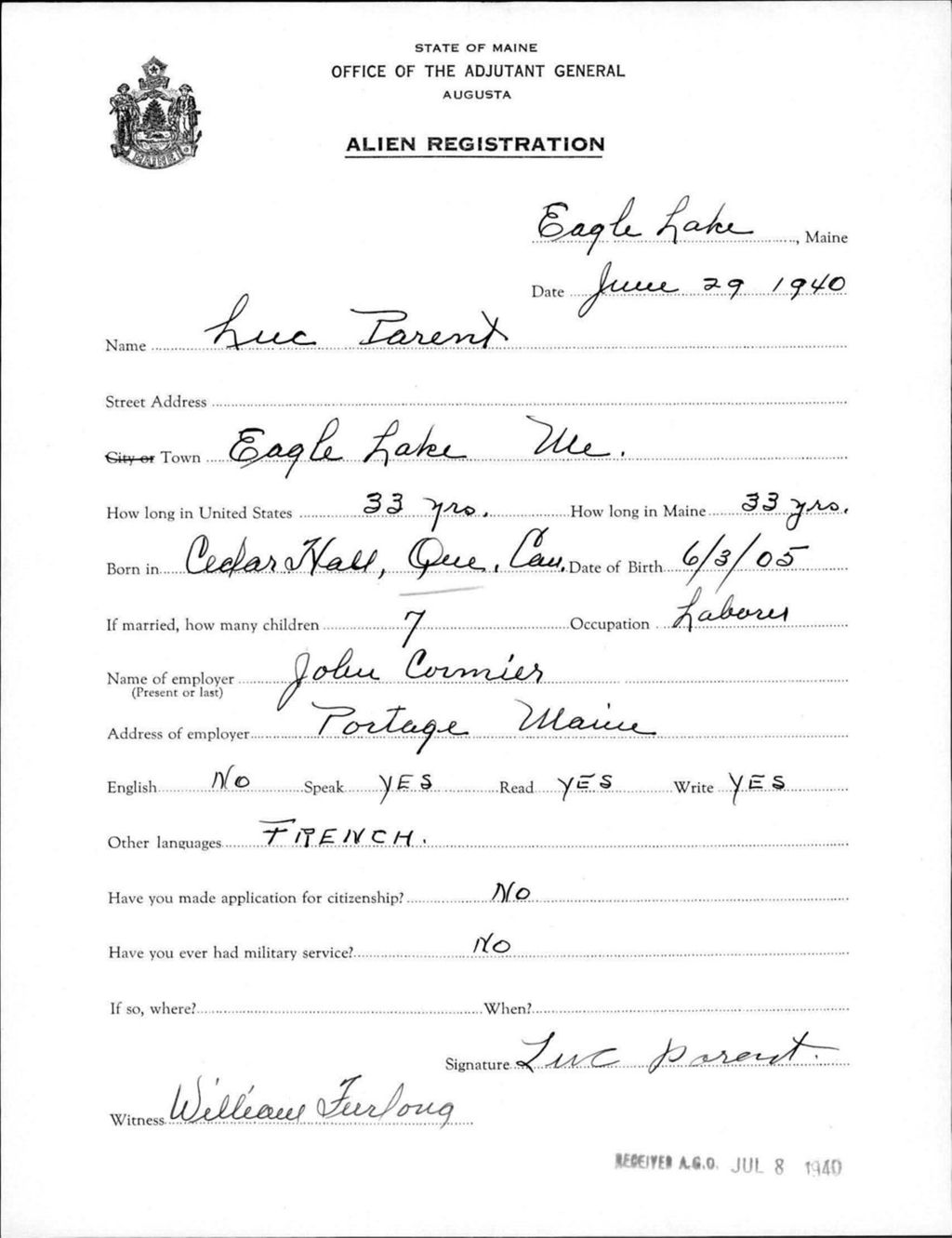Miniature of Alien Registration- Parent, Luc (Eagle Lake, Aroostook County)