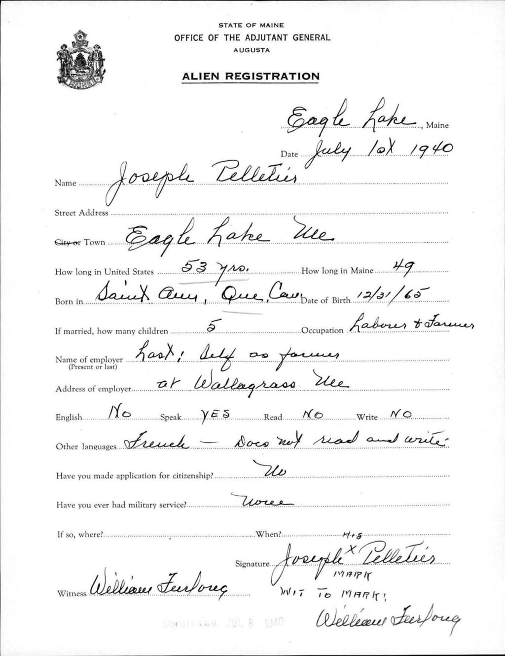Miniature of Alien Registration- Pelletier, Joseph (Eagle Lake, Aroostook County)