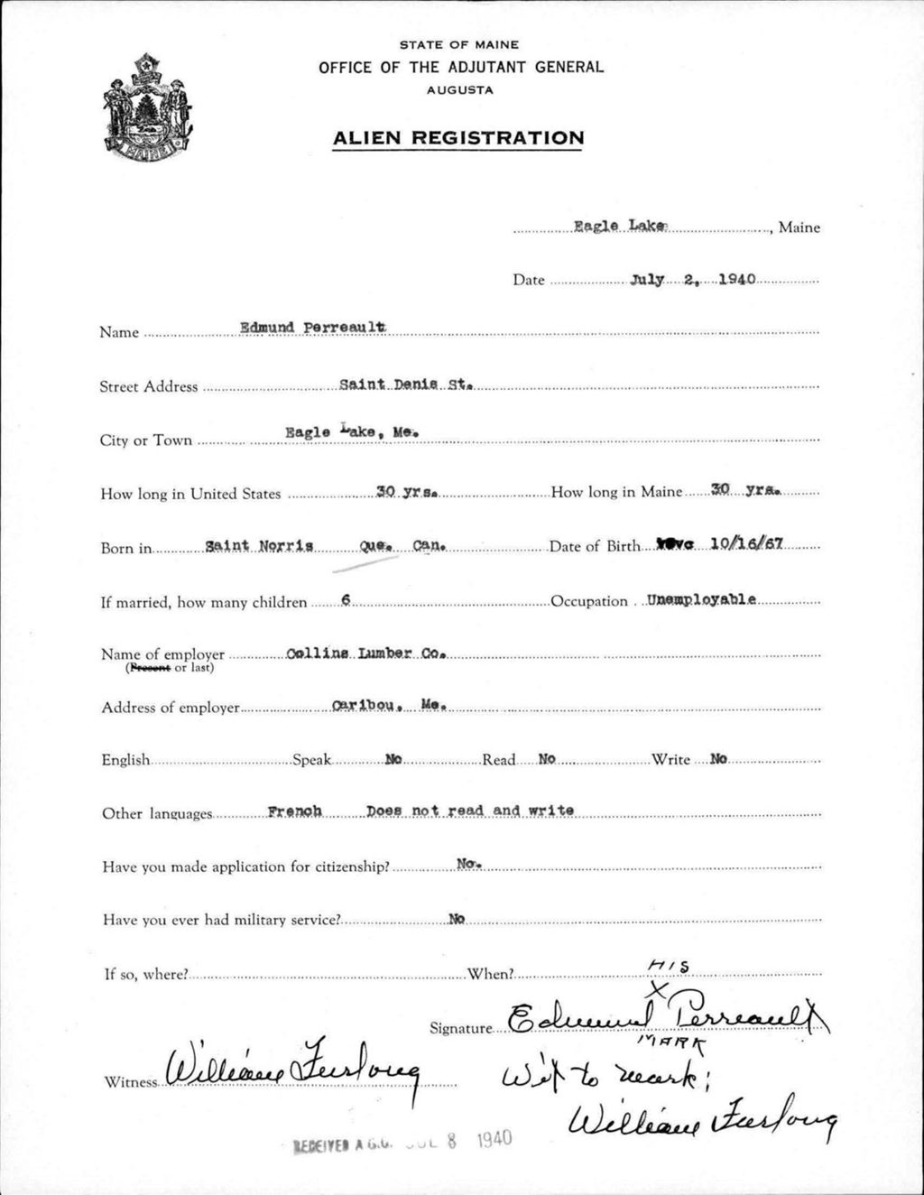 Miniature of Alien Registration- Perreault, Edmund (Eagle Lake, Aroostook County)