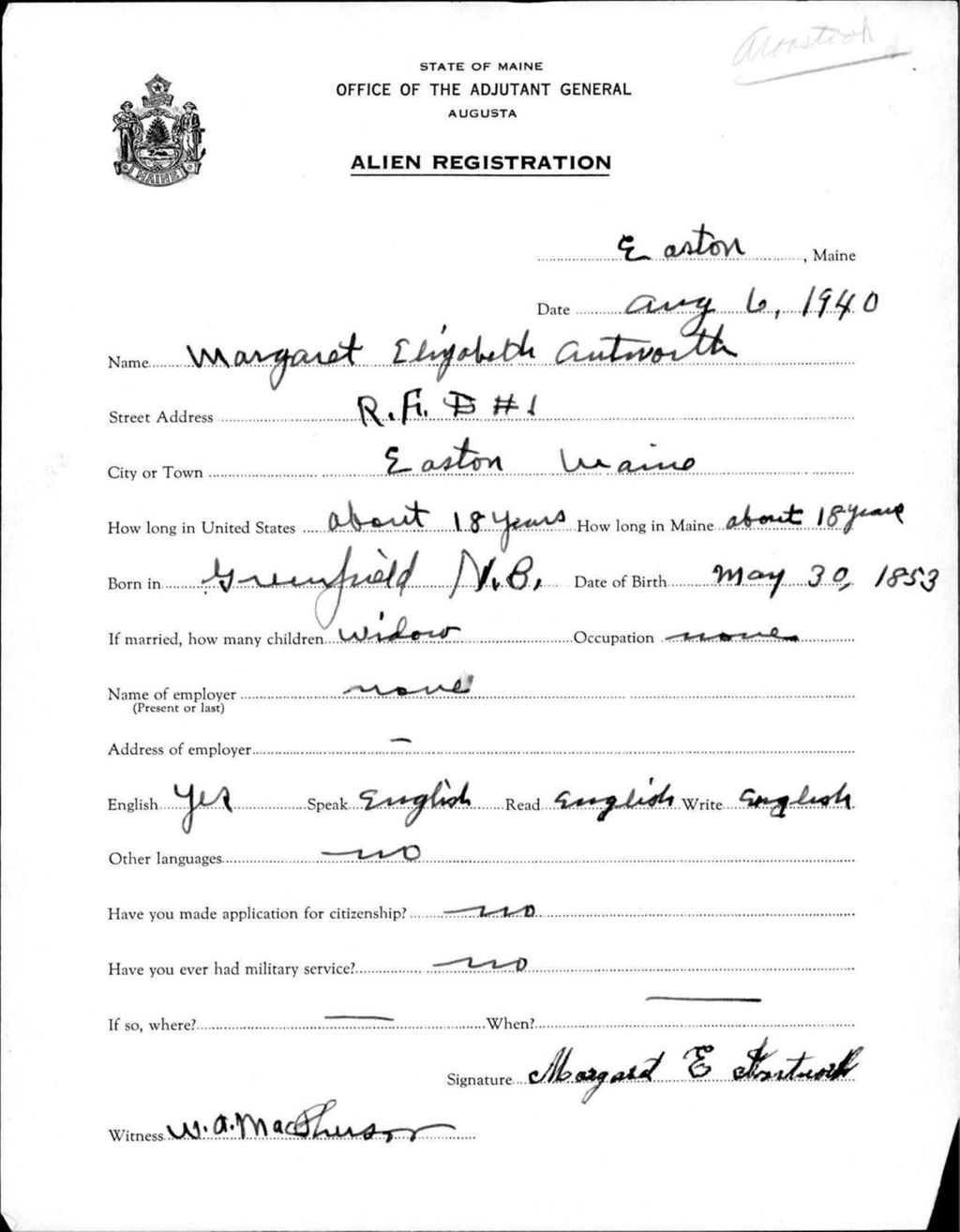 Miniature of Alien Registration- Antworth, Margaret E. (Easton, Aroostook County)