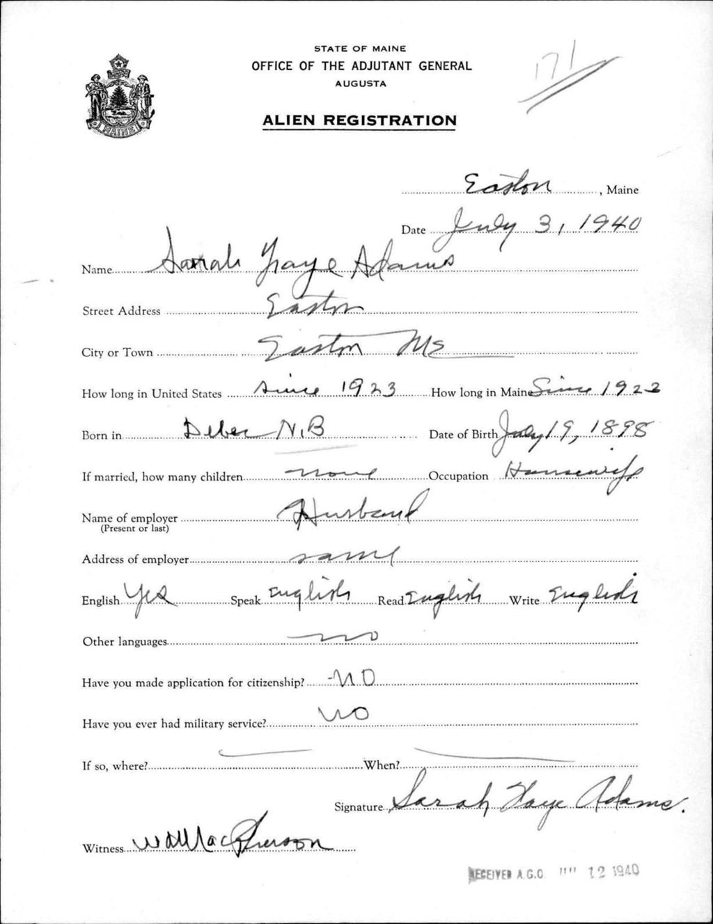 Miniature of Alien Registration- Adams, Sarah F. (Easton, Aroostook County)