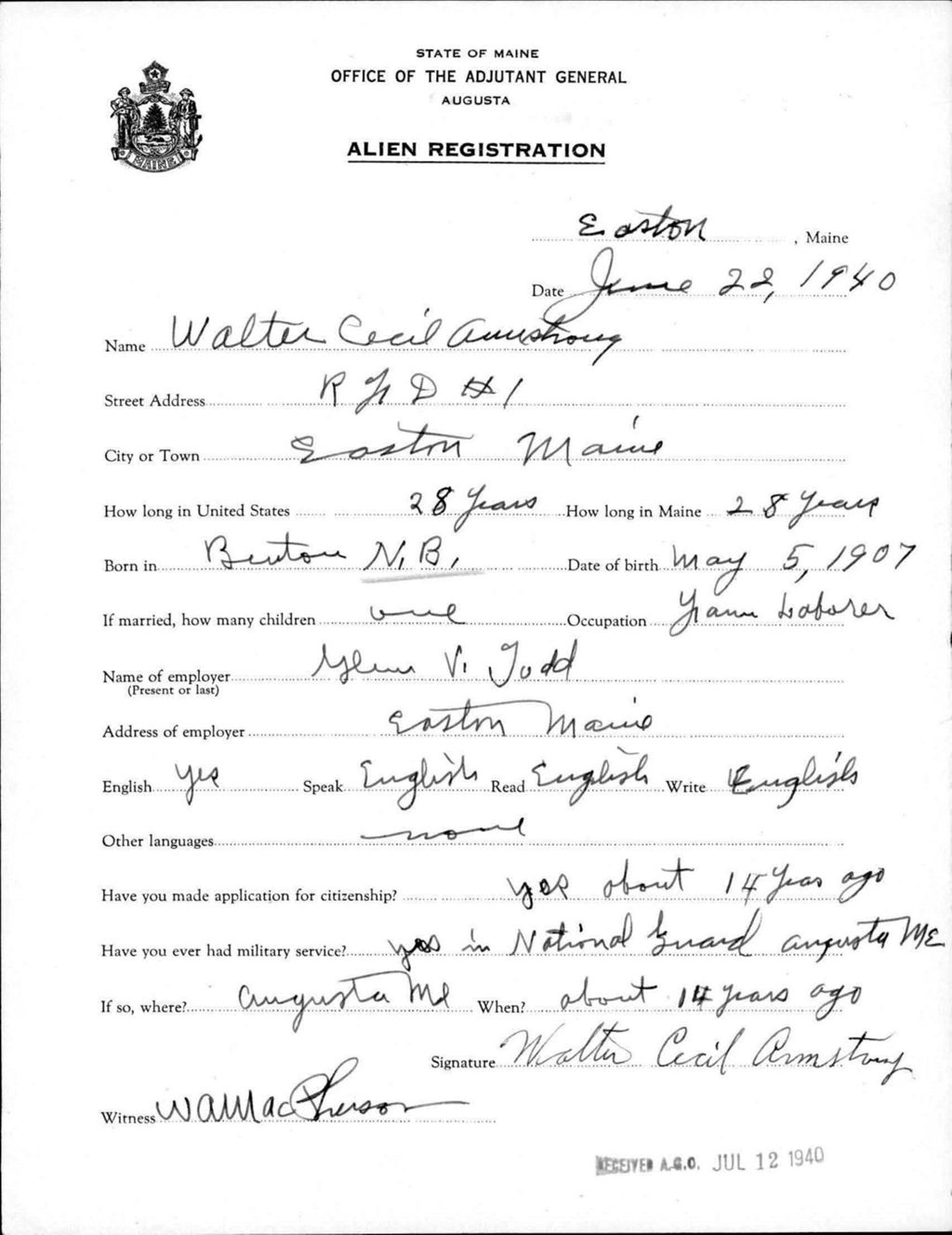 Miniature of Alien Registration- Armstrong, Walter C. (Easton, Aroostook County)
