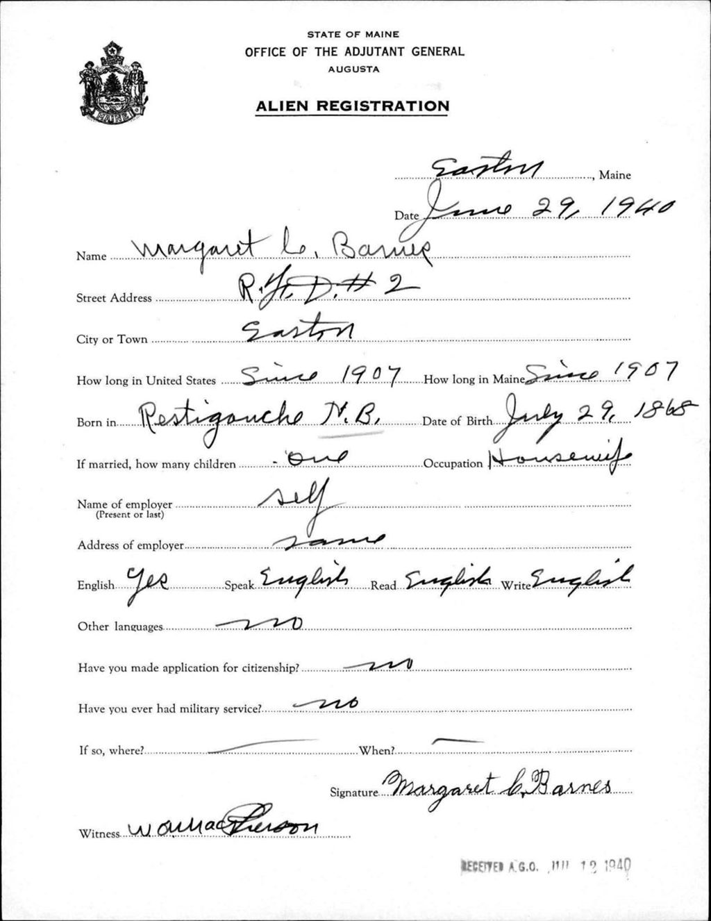 Miniature of Alien Registration- Barnes, Margaret C. (Easton, Aroostook County)