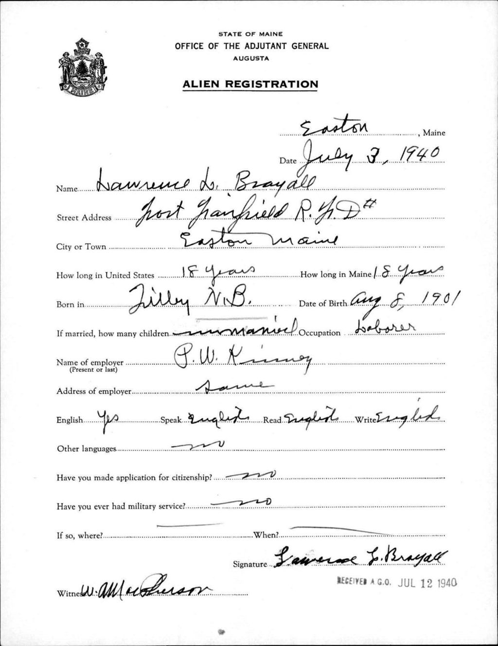 Miniature of Alien Registration- Brayall, Lawrence L. (Easton, Aroostook County)