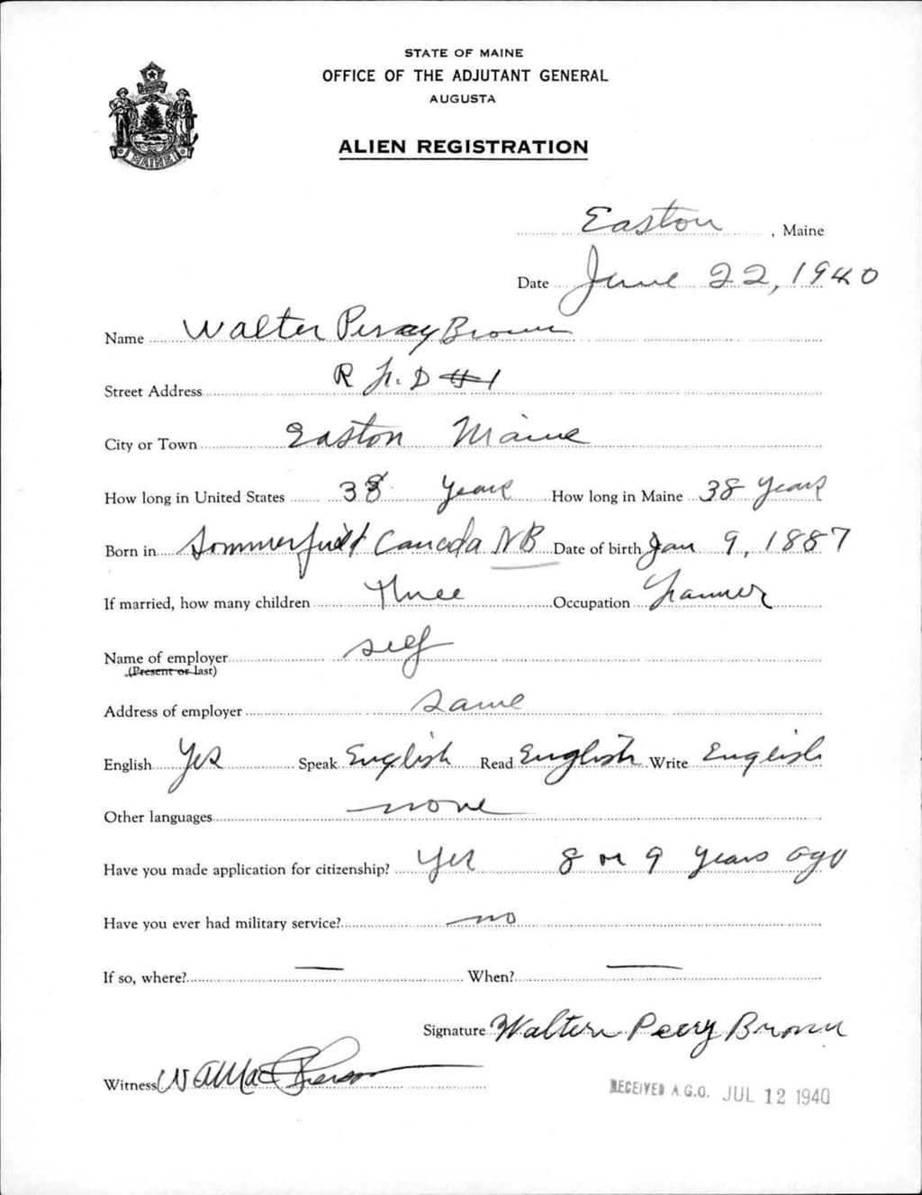 Miniature of Alien Registration- Brown, Walter P. (Easton, Aroostook County)