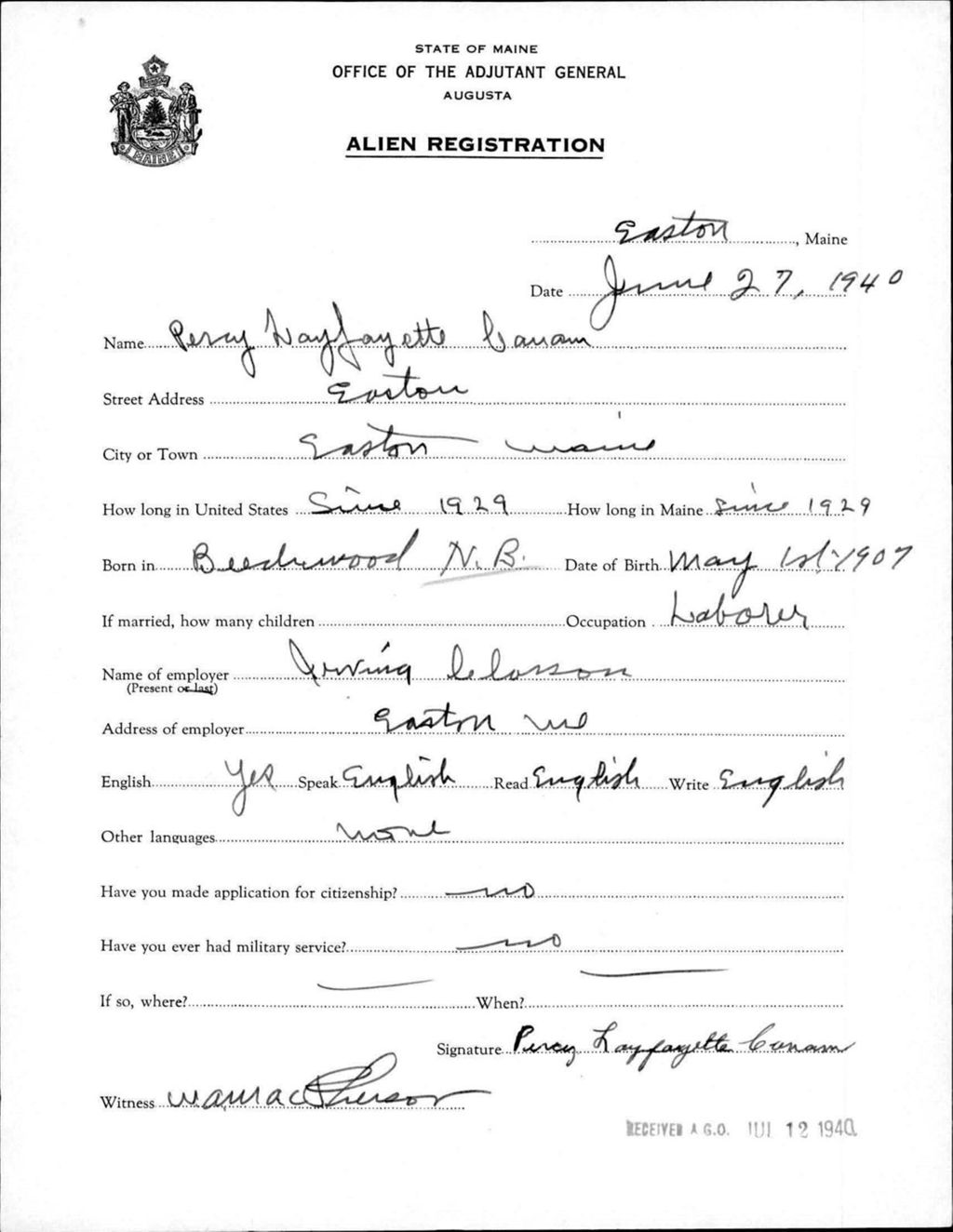 Miniature of Alien Registration- Canan, Percy L. (Easton, Aroostook County)