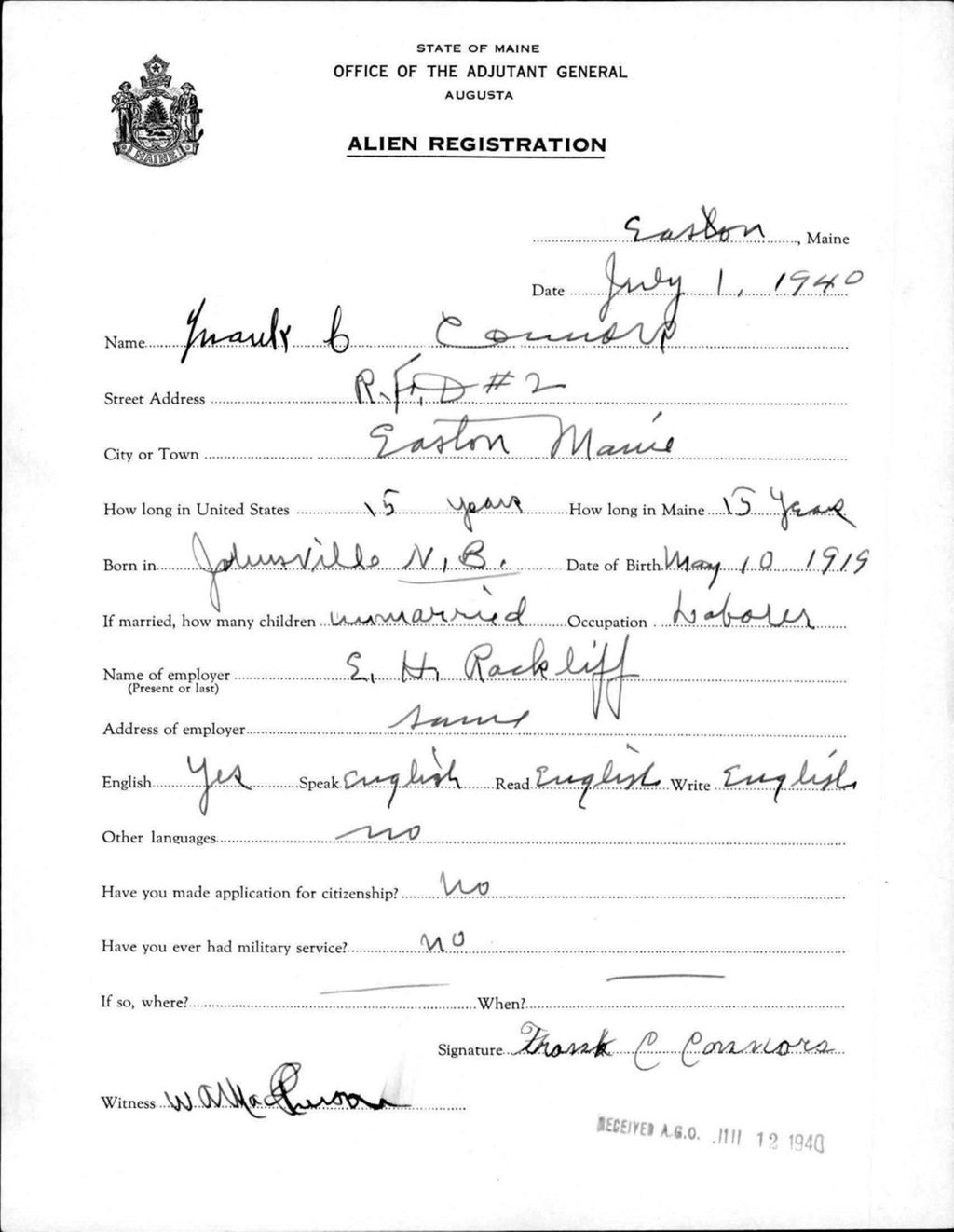 Miniature of Alien Registration- Connors, Frank C. (Easton, Aroostook County)