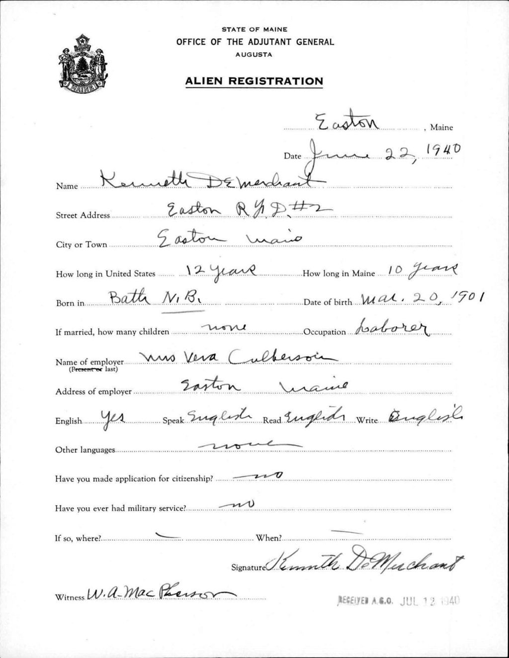 Miniature of Alien Registration- Demerchant, Kenneth (Easton, Aroostook County)