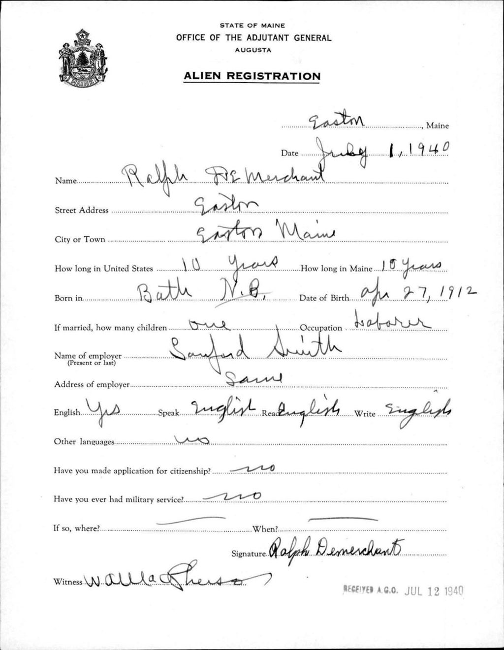 Miniature of Alien Registration- Demerchant, Ralph (Easton, Aroostook County)